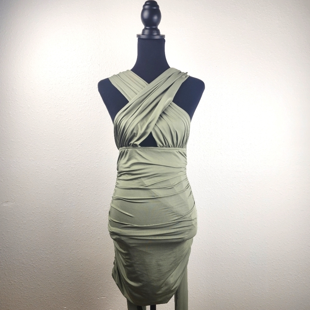 Crossover Wrap Tie Ruched Side Backless Sage Green Halter Bodycon Dress Size XS